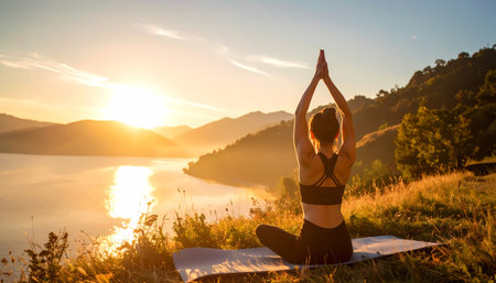 A serene woman practicing yoga sunrise mountain, overlooking peaceful lake. healthy lifestyle with meditation and exercise beautiful natureの素材