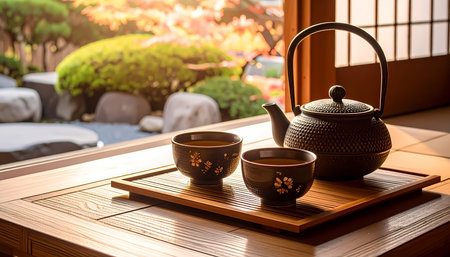 A peaceful japanese tea set with teapot and teacup on tray. calm, serene view of traditional autumn garden creates tranquil moodの素材