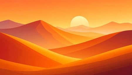 A serene orange desert landscape with rolling sand dune under warm sunset sun. beautiful, peaceful, and tranquil vector illustration backgroundの素材