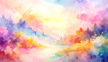 A dreamy colorful watercolor background art of fantasy landscape. this peaceful scene of forest and river evokes magical, ethereal feelingの素材