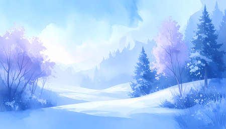 A serene winter landscape painting of snowy forest path and mountain background. tranquil, cold, and peaceful scene with soft blue and purple skyの素材