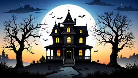 An eerie haunted house silhouette against full moon on spooky halloween night. creepy, old mansion with flying bats and bare treesの素材