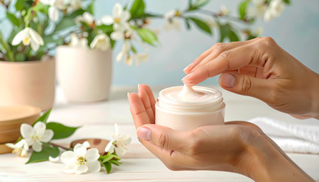 A gentle hand applying natural skin care cream. this beauty cosmetic moisturizer from jar shows pampering treatment with fresh flower backgroundの素材