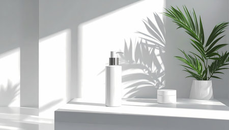 A minimal white cosmetic bottle and jar product mockup on podium with natural light and serene palm shadow for beauty display backgroundの素材