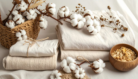 A cozy still life of natural cotton flower, soft textile, and organic home decor. calm and gentle composition of white fabric for comfortの素材