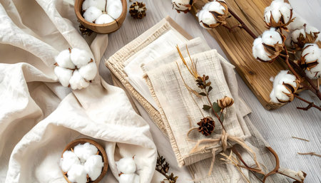 A cozy flat lay composition of natural cotton bolls, rustic fabric napkins, and dried flowers on wooden background for tranquil home decorの素材