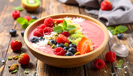 A vibrant and healthy smoothie bowl for breakfast. delicious vegan food made with fresh fruit, berry, raspberry, and blueberry, perfect mealの素材