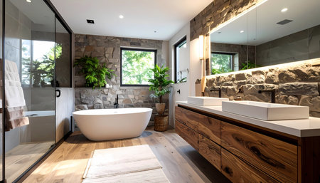 A tranquil modern bathroom interior design with luxury stone wall, wood vanity and spa ambiance. serene and relaxing home decor conceptの素材