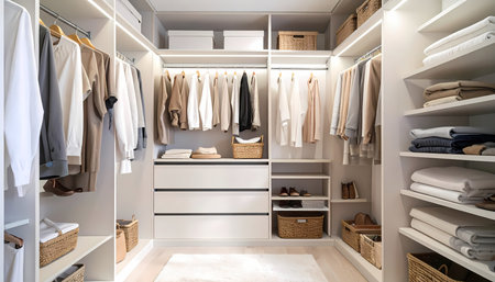 A modern walk closet wardrobe with organized clothes storage. calm and luxurious home interior design with white shelves and drawers for neatの素材