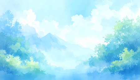 A serene and peaceful anime landscape background. nature view of mountain, tree, and sky. digital art illustrationの素材