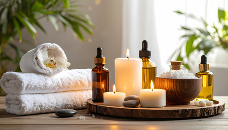 A tranquil spa wellness scene for relaxation and beauty care. aromatherapy oil and candle light for peaceful massage and self care treatmentの素材