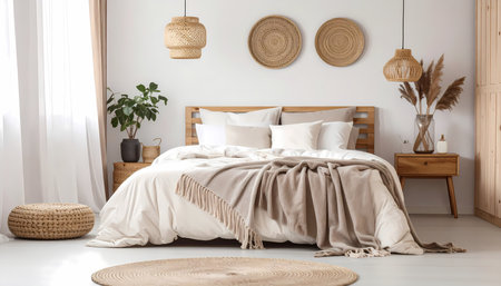 A peaceful boho bedroom interior with cozy bed, natural home decor, stylish furniture, and soft pillow. bright light fills this modern designの素材