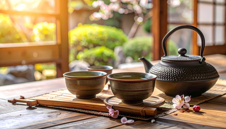 A traditional japanese teapot and cup with green tea in serene zen garden. calm, peaceful, cultural moment with warm morning sunlightの素材
