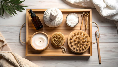 A serene spa treatment setup for wellness and beauty. natural massage tools, essential oil, brush, salt, and candle create relaxing moodの素材