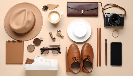 A stylish flat lay top view of fashion accessory and travel lifestyle essentials. personal collection of organized items with cozy feelingの素材