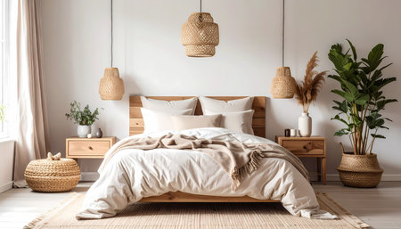 A calm modern bedroom interior with boho design and cozy home decor. comfortable wooden bed with rattan lamp creating peaceful, relaxing roomの素材