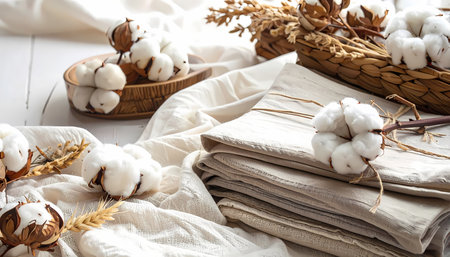 A cozy rustic home decor still life with natural cotton flower, white fabric textile background, and basket creating serene and warm atmosphereの素材