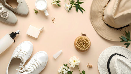 A calm flat lay of summer accessory for travel and fashion. beauty essentials like shoe, hat, and skincare for relaxing vacation preparationの素材
