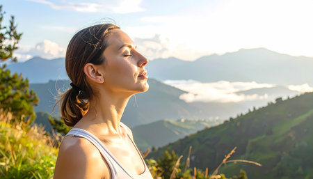 A calm woman breathing fresh air, relaxing in nature for peace of mind. healthy lifestyle with meditation on beautiful mountain summitの素材