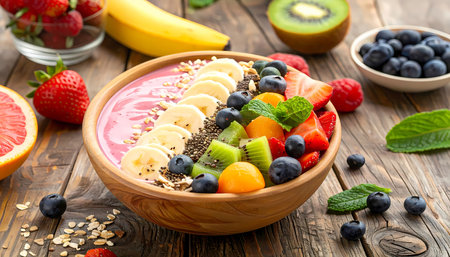 A delicious and healthy breakfast smoothie bowl with fresh fruit like banana, strawberry, and blueberry. vibrant and appetizing meal for dietの素材