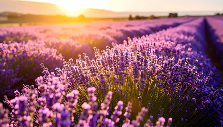 A beautiful purple lavender field at sunset. serene and calm nature landscape with golden sun and soft light. tranquil flower backgroundの素材