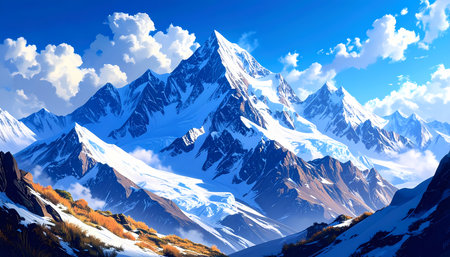 A majestic illustration of mountain peak covered in snow. an alpine landscape and scenic nature view under blue sky for serene feelingの素材
