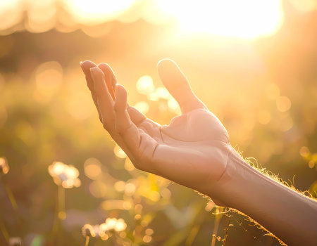 A peaceful human hand reaching for warm sun light at sunset. hopeful and spiritual concept of faith and connecting with nature in beautiful tranquil field outdoorsの素材