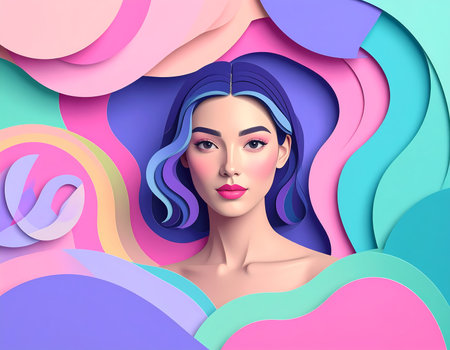 A paper art portrait of woman with colorful hair, serene face on pastel abstract background. modern illustration of beauty, fashion, creative design for wellness and glamourの素材