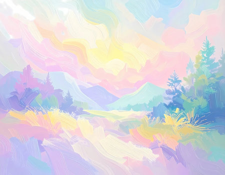 An abstract painting of serene and peaceful landscape in pastel colors. dreamy scene features mountains, trees, and bright sky with soft, glowing light, evoking calm feelingの素材