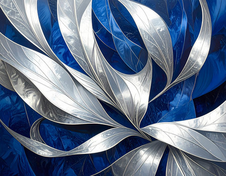 An elegant silver metallic leaf forms create flowing abstract pattern against deep blue background. this modern, luxurious graphic art evokes sense of calm and fluid motionの素材