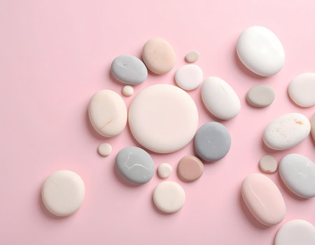 A calm and peaceful flat lay of smooth natural stone and pebble on pink background. minimal concept for spa, wellness, and zen balance with plenty of copy spaceの素材