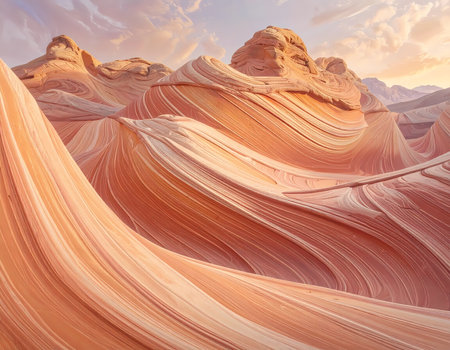 A majestic sandstone rock formation with beautiful wave patterns in desert canyon. geology shows layers from erosion creating serene and colorful landscape at sunsetの素材