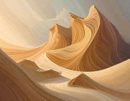 A calm abstract desert landscape with flowing sand dune and mountain under soft golden light. serene fantasy background with unique swirling pattern and textureの素材