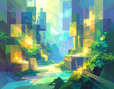 An abstract futuristic digital city background illustration with vibrant geometric shapes. serene and hopeful landscape featuring glowing technology integrated with green natureの素材