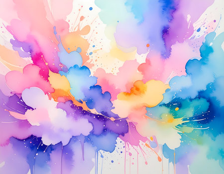 A joyful vibrant colorful watercolor splash background. abstract art illustration with paint splatter, texture and creative pastel color explosion. beautiful, artistic design elementの素材
