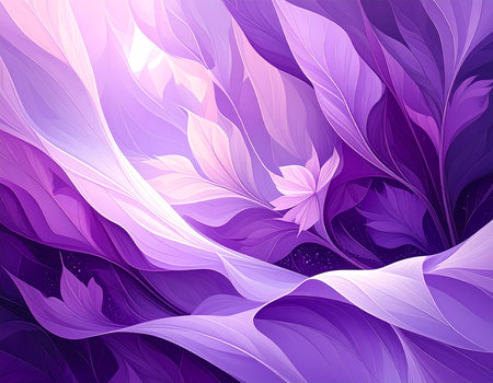 A serene abstract purple floral background with elegant leaf patterns. dreamy, calm digital art illustration with lavender and violet colors creating gentle and peaceful wallpaperの素材