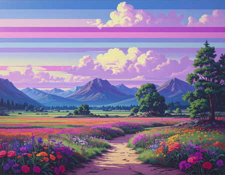 A serene, vibrant anime style landscape painting of colorful flower field. path leads through meadow toward distant purple mountains under dreamy, beautiful pastel skyの素材