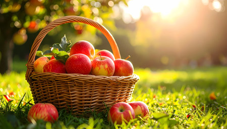 A fresh ripe red apple fruit in wicker basket on green grass. beautiful autumn harvest scene in sunny garden orchard with warm golden sunlight in backgroundの素材
