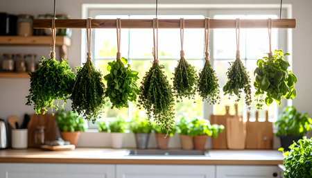 A bunch of fresh green herb hanging for drying in tranquil rustic kitchen. natural sunlight from window creates healthy, aromatic atmosphere for cooking and seasoningの素材