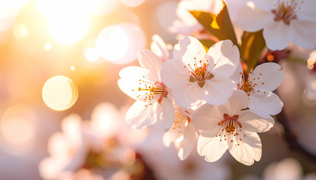 A beautiful white flower blossom on tree branch during peaceful spring morning. soft nature background with warm sunlight and golden light creating serene bokeh effectの素材