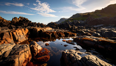 A serene rocky coast landscape with clear tide pool reflecting sky at sunset. peaceful ocean view showing natural beauty of stone and calm water by seaの素材