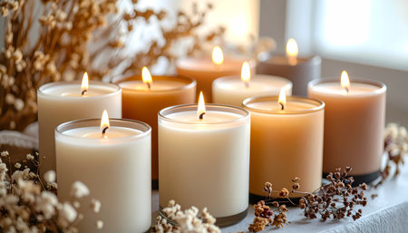 A cozy scene of burning candles in glass jars, relaxing still life with warm light and gentle flame for aromatherapy. peaceful home decor creating tranquil and comforting atmosphereの素材
