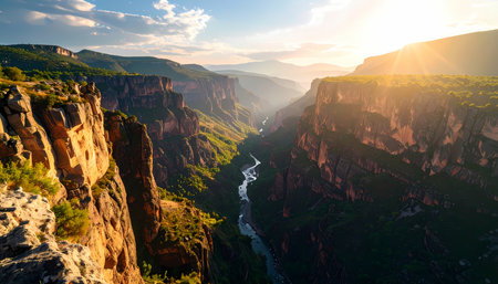 A majestic canyon landscape with river flowing through deep valley at sunrise. warm sun light creates beautiful and serene view of mountains and natureの素材