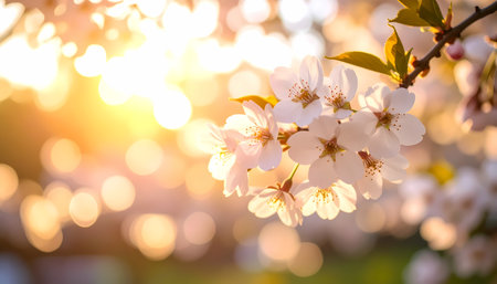 A peaceful close up of beautiful cherry blossom flower, sakura in bloom on branch during spring. warm sunlight creates soft, dreamy bokeh background in natureの素材