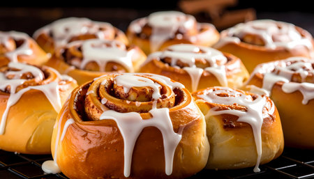 A delicious sweet cinnamon roll pastry with icing, warm baked dessert from bakery. fresh breakfast food or snack, an appetizing and indulgent treat with gooey swirlの素材