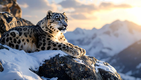 A majestic snow leopard resting on rocky mountain cliff at sunrise. wild big cat in its natural winter habitat, serene predator looks out over snowy alpine landscapeの素材