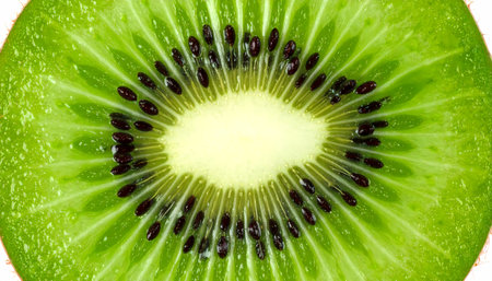 A macro close up of vibrant green kiwi fruit slice. fresh and healthy kiwifruit showing detailed core and seeds, creating beautiful natural food pattern on white backgroundの素材
