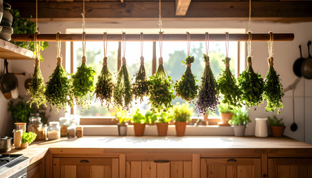 A rustic kitchen interior with bunch of aromatic herb drying in bright sunlight from window. cozy, peaceful scene representing natural medicine and organic livingの素材