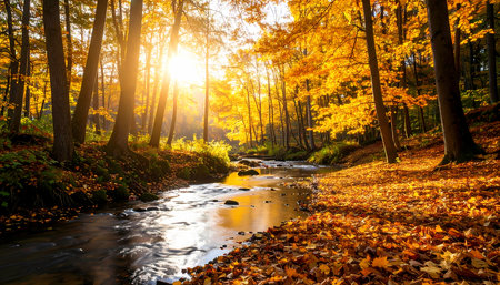 A beautiful autumn forest landscape with tranquil stream. golden sun shines through yellow trees, casting warm light on colorful fall leaves. peaceful nature sceneの素材