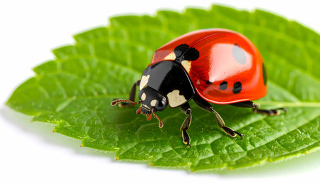 A beautiful red ladybug insect with black spots sits on vibrant green leaf. peaceful macro closeup photography captures delicate details of nature isolated on white backgroundの素材